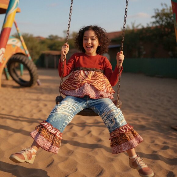 Little Mass Girls Outfit 6 Brown Ruffle Top & Blue Flare Jeans Y2K 2000s Boho - Picture 1 of 16